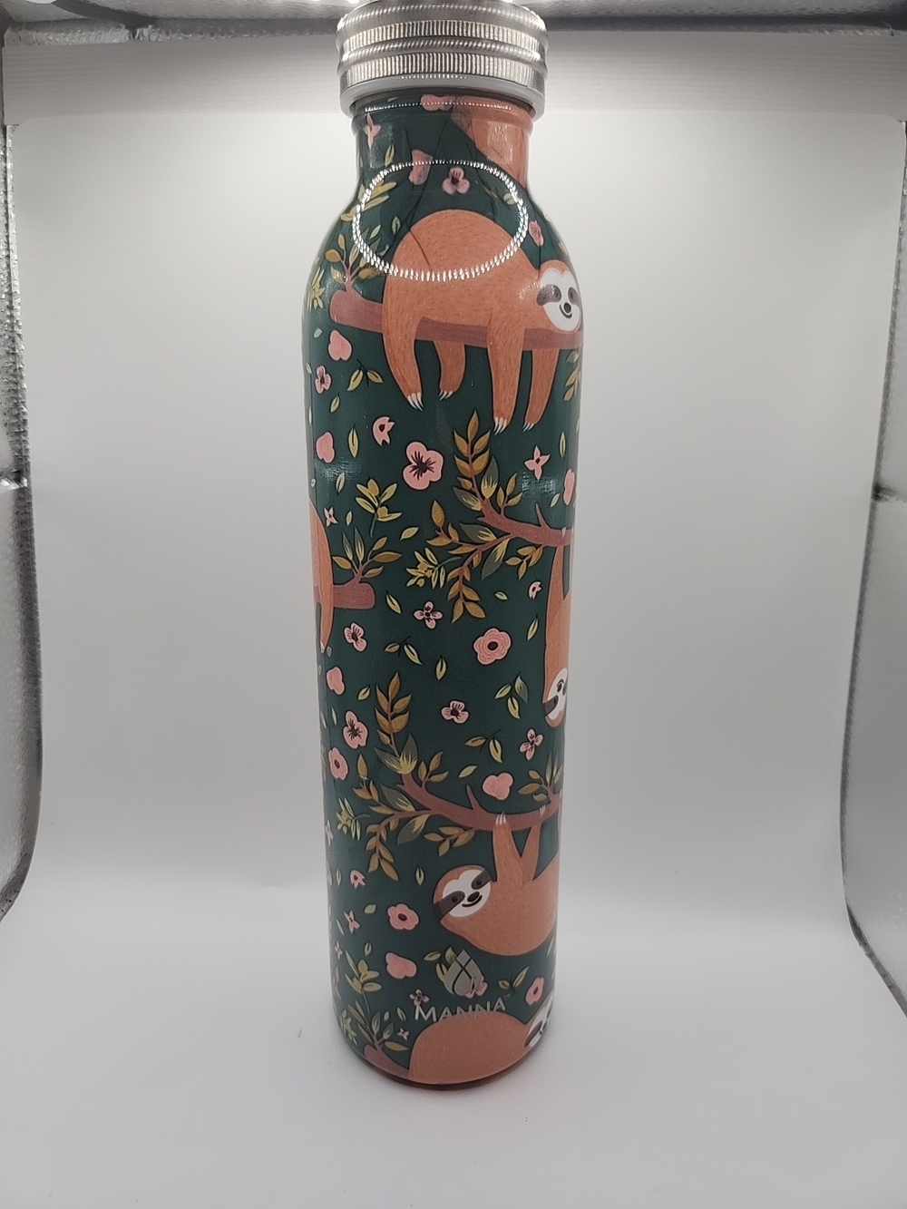 Manna Sloth Print Stainless Water Bottle in Forest Green & Peach